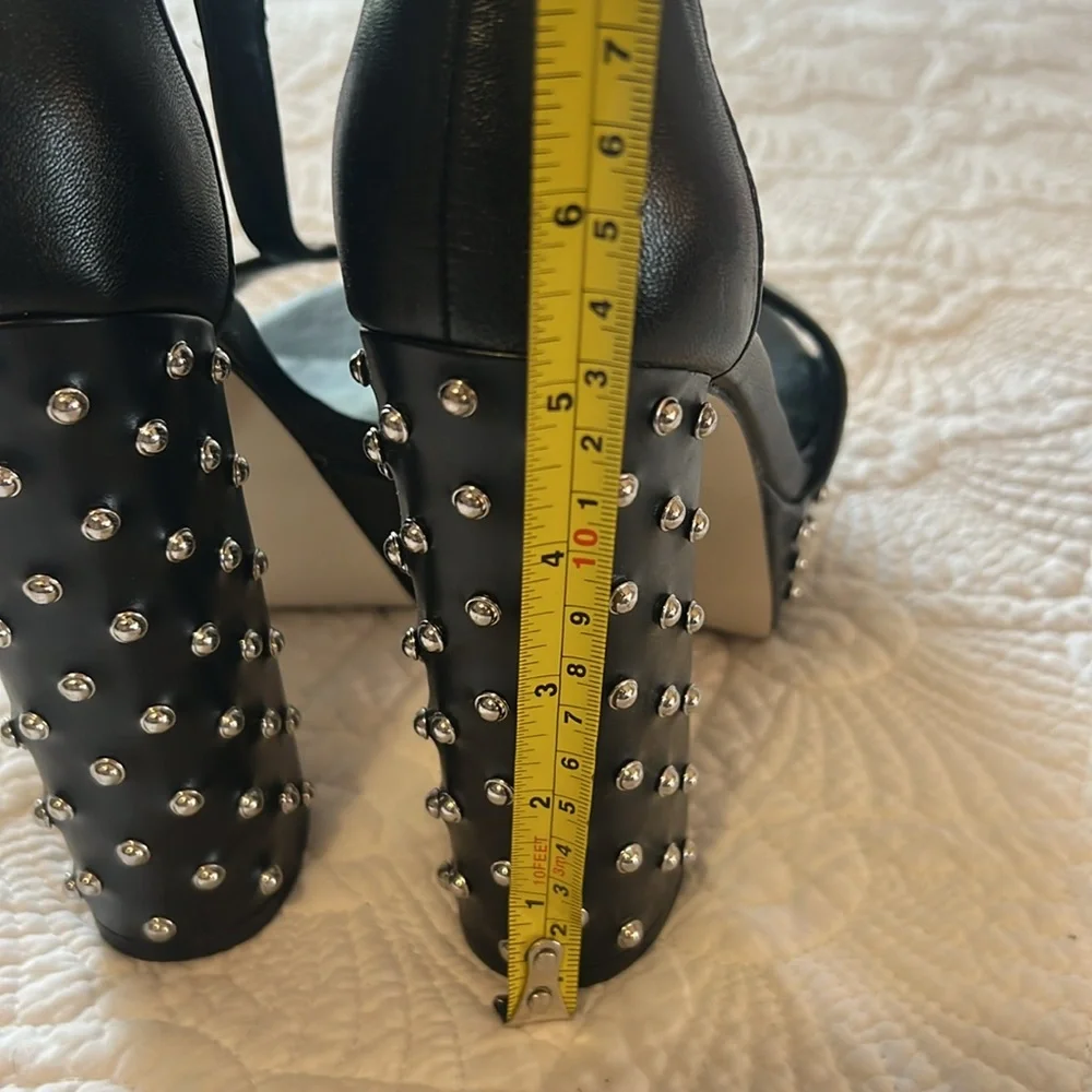 Rebecca Minkoff Black Leather Studded Platform T-Strap Sandals Heels